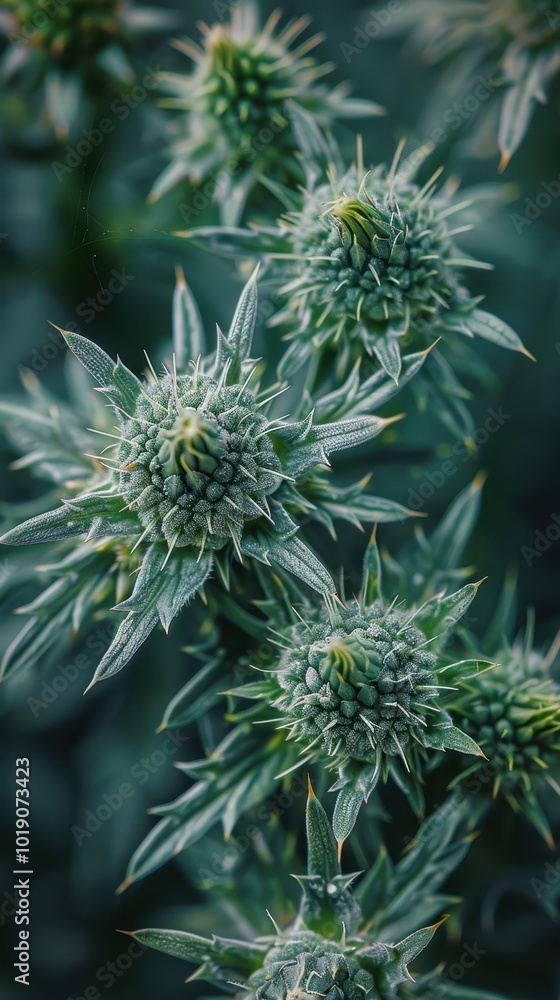 Close-up of a thistle showing detailed leaf patterns in its natural setting Close-up of a thistle showing detailed leaf patterns in its natural setting