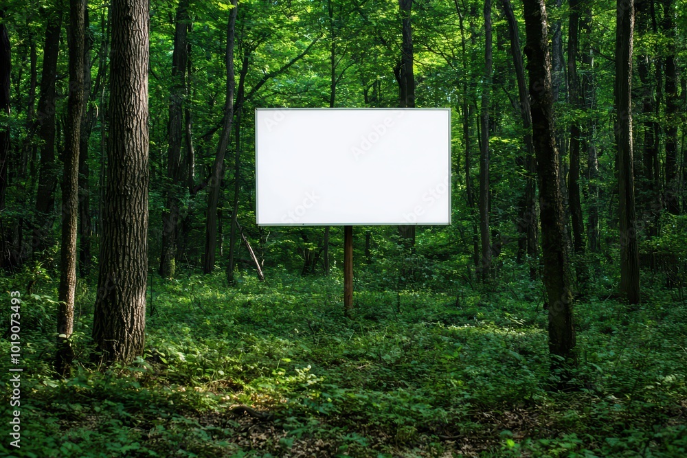 Blank billboard in a lush green forest, presenting an opportunity for advertising or creative expression. Blank billboard in a lush green forest, presenting an opportunity for advertising or creative expression.