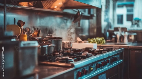 Modern Kitchen with Steam and Culinary Tools