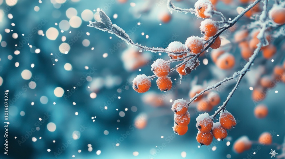 Close-up of snow-covered orange berries on frosted branches Close-up of snow-covered orange berries on frosted branches