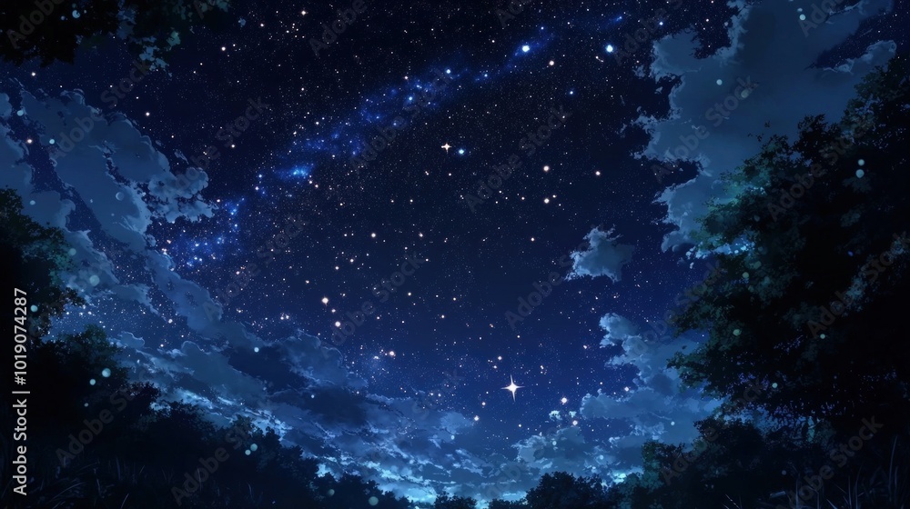 A starry night sky with clouds and trees silhouetted against the horizon. A starry night sky with clouds and trees silhouetted against the horizon.
