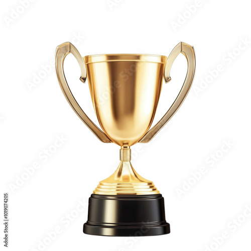 Shiny gold trophy on a black base, transparent background