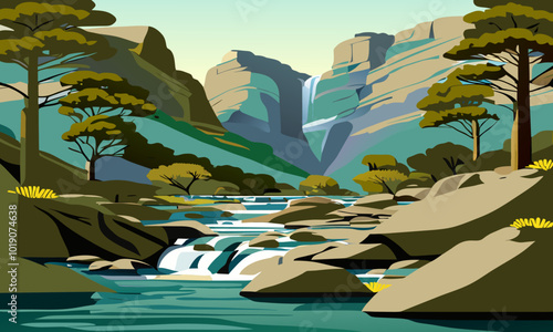 Mountain landscape with a river and trees, vector illustration.