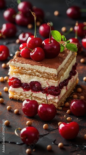 A slice of cake topped with fresh cherries on a rustic table, tempting dessert lovers