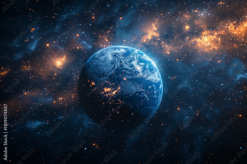 Half of earth illuminated by city lights against a black starry night sky in outer space Half of earth illuminated by city lights against a black starry night sky in outer space