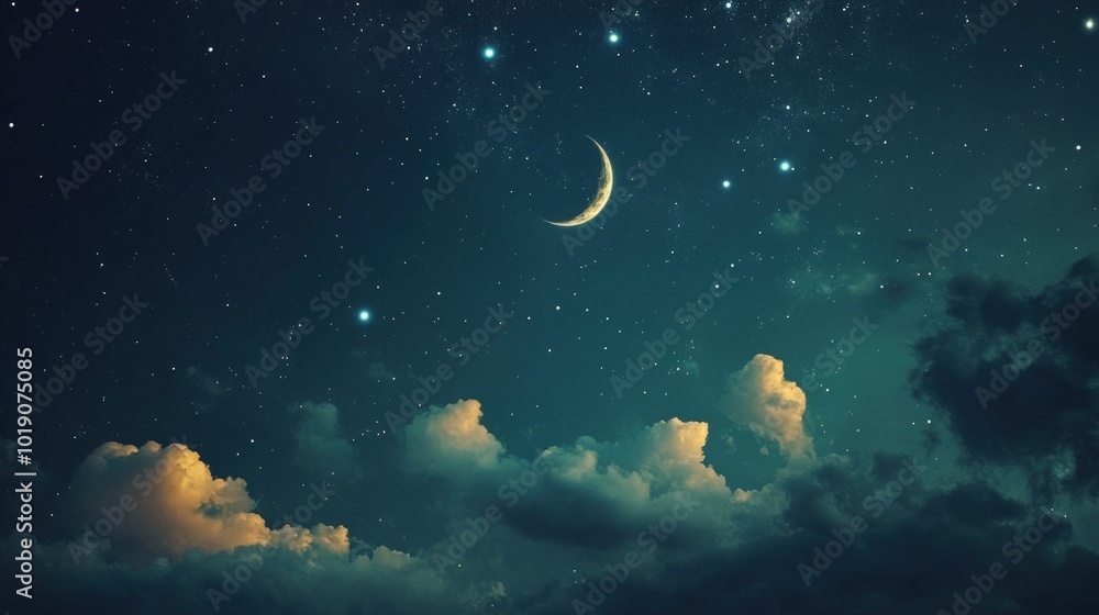 A crescent moon and stars shine brightly in a dark night sky with clouds in the foreground. A crescent moon and stars shine brightly in a dark night sky with clouds in the foreground.