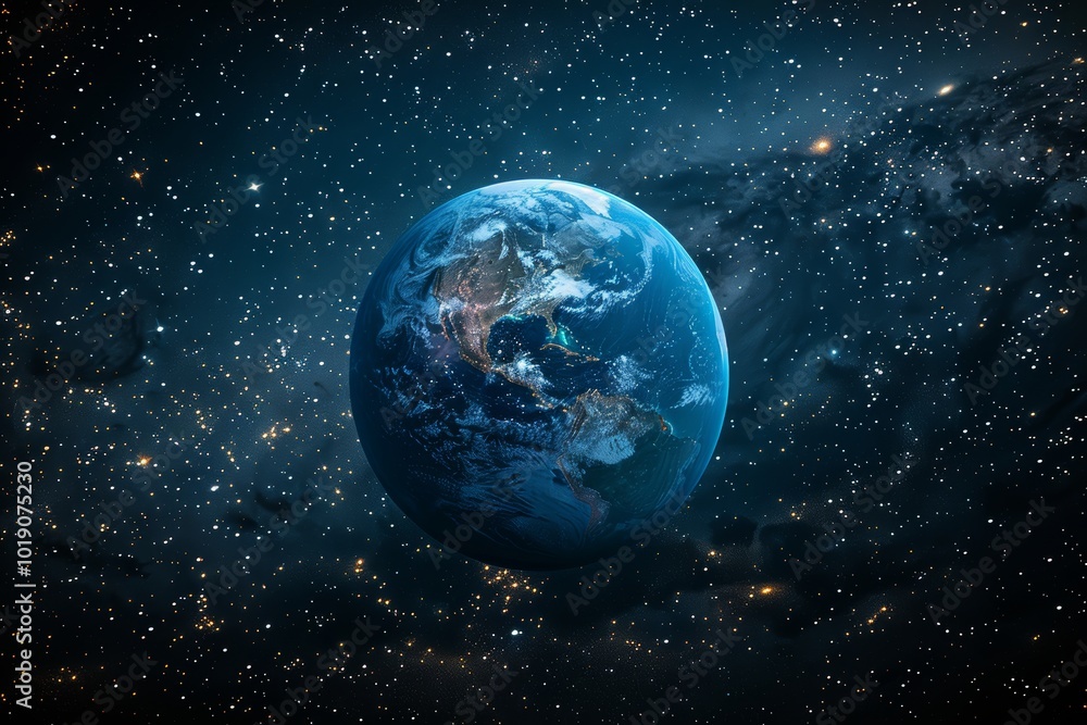 Obraz premium Half of earth illuminated against a black starry background with city lights at night