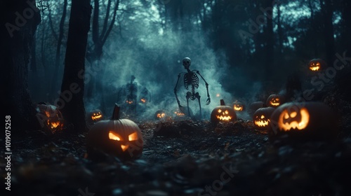 Skeletons rising from the ground in a dark forest with glowing pumpkins and eerie fog swirling around