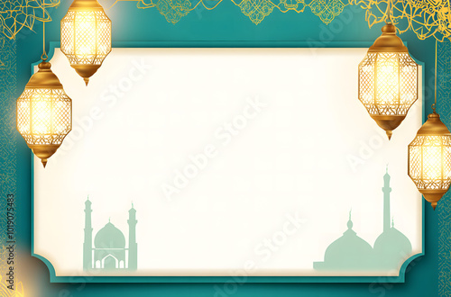 Elegant Ramadan Kareem Greeting Background design with copy space design, green color, and golden frame, Islamic background template for banner or poster design, 