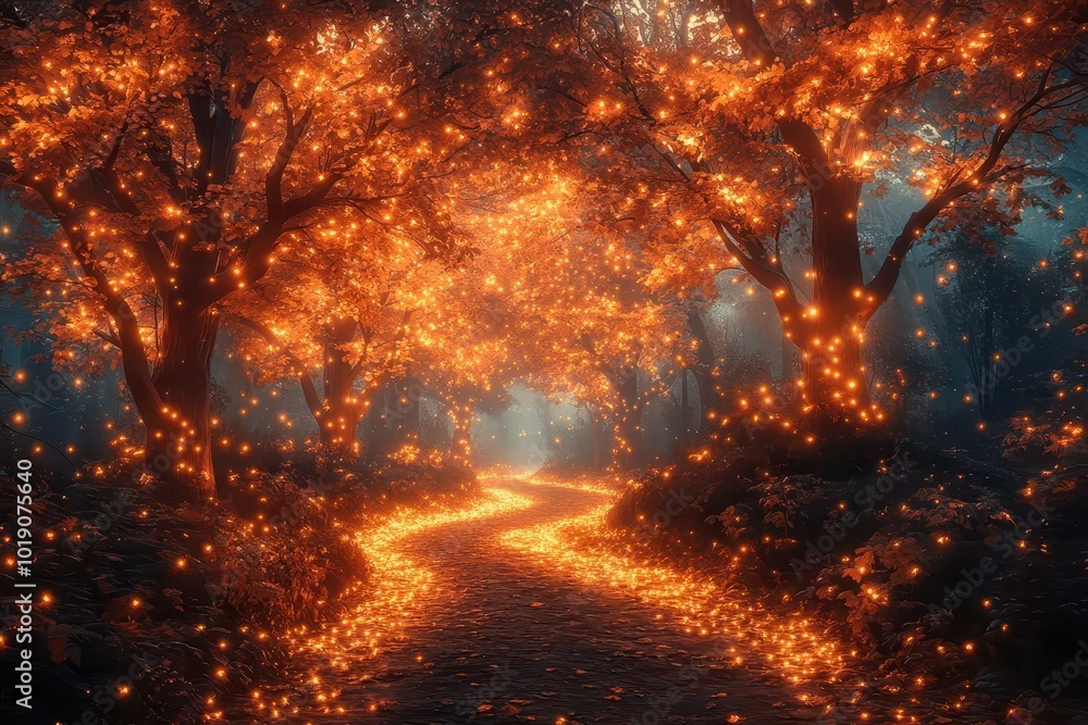 mystical autumnal forest at night glowing fairy lights misty atmosphere rich fall colors enchanted woodland path moonlit canopy mystical autumnal forest at night glowing fairy lights misty atmosphere rich fall colors enchanted woodland path moonlit canopy
