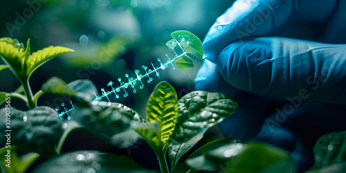 Botanical Brilliance: Tropism Effects in Green Plants Under Light; Botanist's Exploration: Genetic Plant Responses to Sunlight Tropism, Botanist's Blue Glove