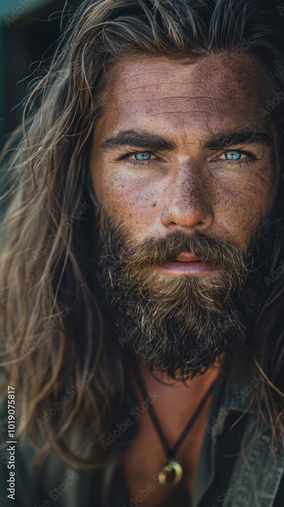 A confident man with long hair and a well-groomed beard stands outdoors during golden hour A confident man with long hair and a well-groomed beard stands outdoors during golden hour