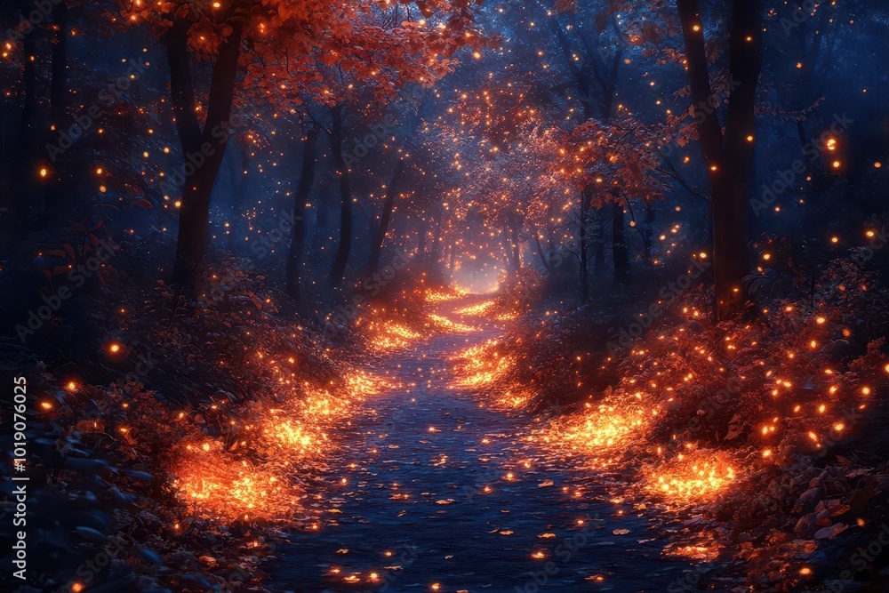 mystical autumnal forest at night glowing fairy lights misty atmosphere rich fall colors enchanted woodland path moonlit canopy mystical autumnal forest at night glowing fairy lights misty atmosphere rich fall colors enchanted woodland path moonlit canopy