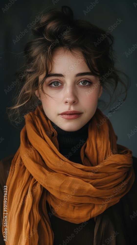 Chic woman in a trendy scarf against a dark backdrop, exuding elegance and modern style Chic woman in a trendy scarf against a dark backdrop, exuding elegance and modern style