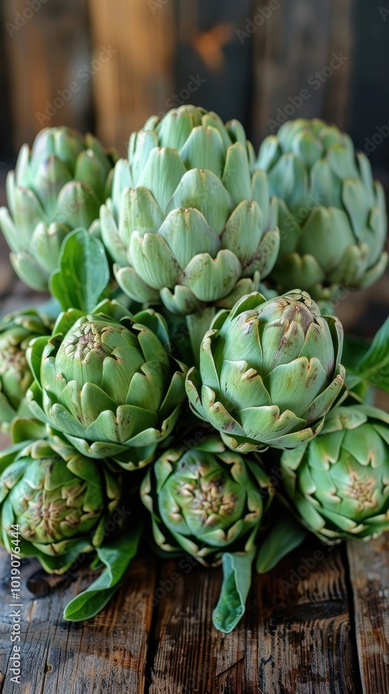 Fototapeta premium Fresh artichokes arranged neatly on a rustic wooden table ready for cooking or serving