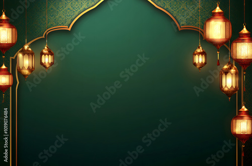 Elegant Ramadan Kareem Greeting Background design with copy space design, green color, and golden frame, Islamic background template for banner or poster design,  photo