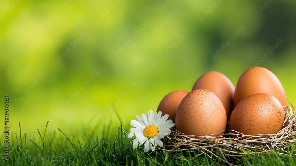 brown eggs with daisy sitting on grass. copy space brown eggs with daisy sitting on grass. copy space