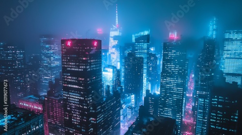 Illuminated Nighttime City Skyline with Moody Atmospheric Lighting Adding Urban Energy and Modern Architecture To This Image