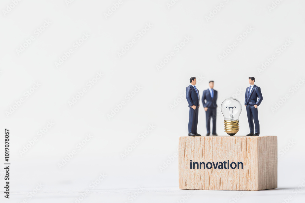 Miniature businessmen discussing innovation with a lightbulb concept, isolated on white background.