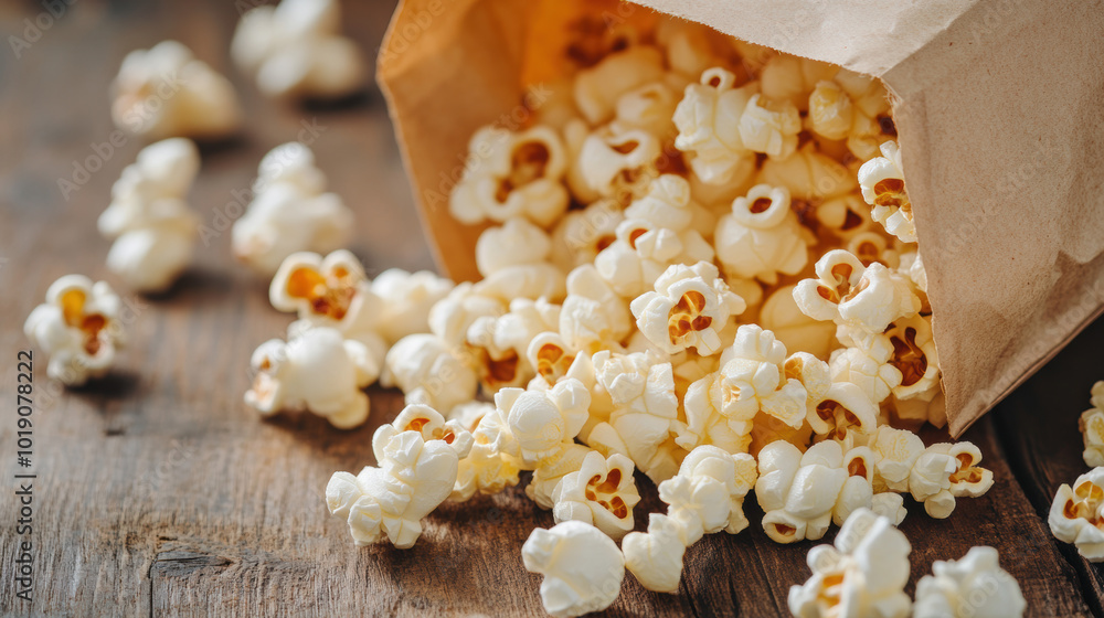Freshly Popped Buttery Popcorn in a Paper Bag on Wooden Surface. National Popcorn Day. Freshly Popped Buttery Popcorn in a Paper Bag on Wooden Surface. National Popcorn Day.