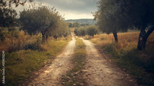 Olive tree grove with dirt path in the middle