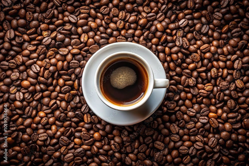 A cup of coffee with coffee beans against an isolated background in wide angle view A cup of coffee with coffee beans against an isolated background in wide angle view
