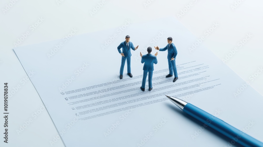 Miniature figurines in a business meeting on a document with a blue pen. Miniature figurines in a business meeting on a document with a blue pen.