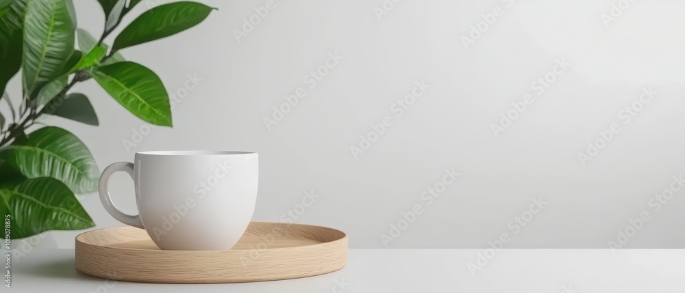 Obraz premium Minimalistic coffee cup on wooden tray with green plant in serene setting.