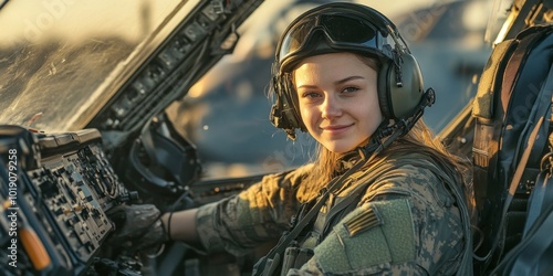 A female pilot poses confidently in her aircraft. The warm light creates a welcoming atmosphere. This image showcases empowerment and strength in aviation. AI