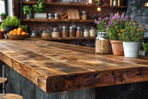 Wooden tabletop in blurred kitchen setting for product display and design layout mockups