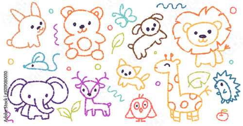 Children crayon doodle set, Animal illustration in childish style. Vector kids hand drawn drawings: lion, bear, cat, dog, hedgehog, mouse, deer