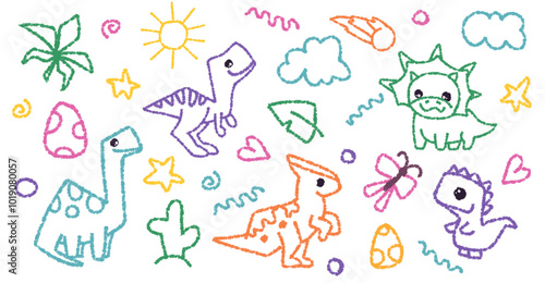 Cute crayon dinosaurs set, doodle kids creature, colorful hand drawn pencil illustration. Dino drawing for kids or children notes or cover design