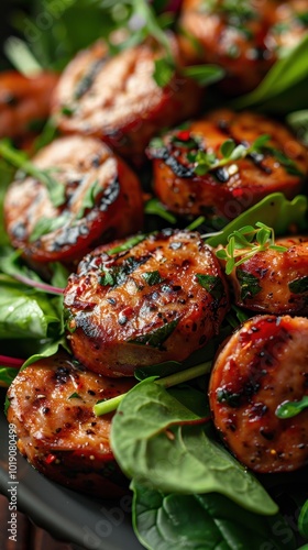 Close-up of a savory dish with sliced sausage and fresh salad greens for a vibrant meal experience