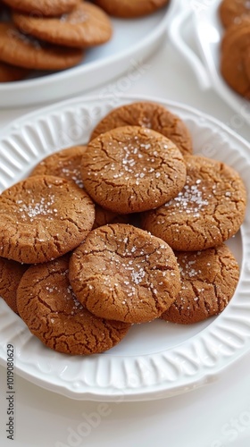 A top-down view of ginger cookies served on a white plate on a clean white table