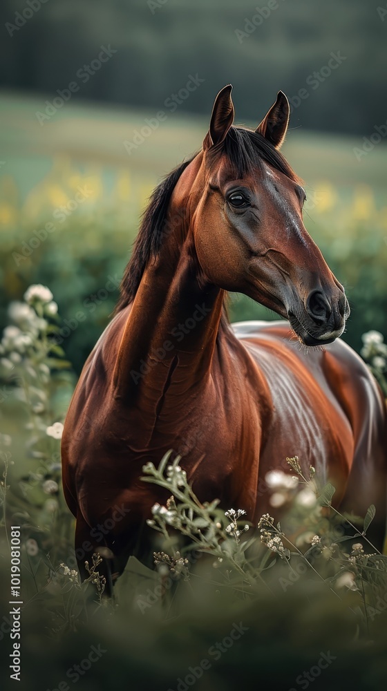 Obraz premium Brown Thoroughbred grazing peacefully in a lush green field during a sunny afternoon