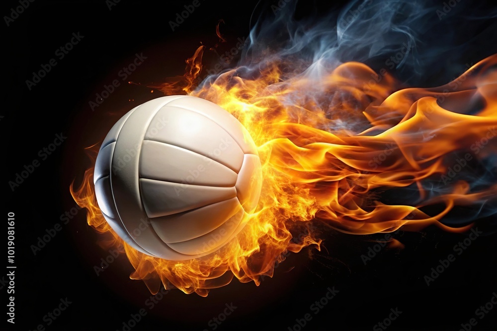 A fiery aerial volleyball with a trail of flames A fiery aerial volleyball with a trail of flames