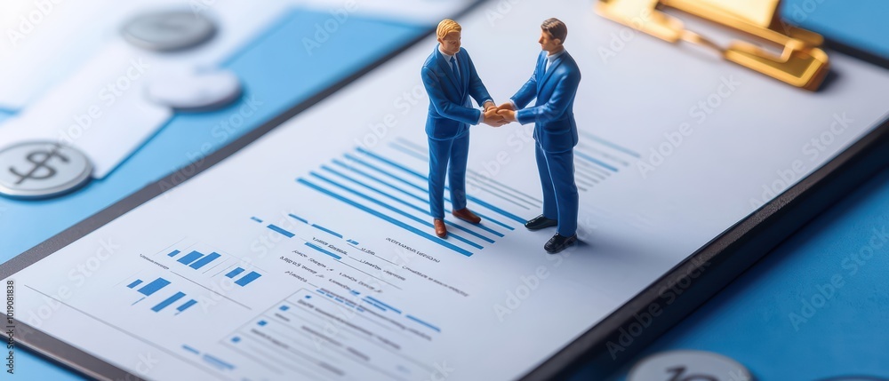 Two miniature business men shaking hands on a clipboard filled with financial charts and reports. Two miniature business men shaking hands on a clipboard filled with financial charts and reports.