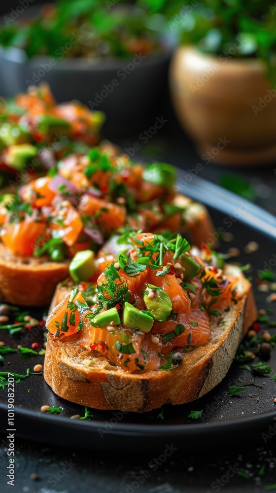 Delicious tartare on black plate featuring salmon and avocado atop fresh slices of bread Delicious tartare on black plate featuring salmon and avocado atop fresh slices of bread