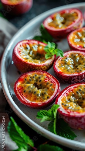 A colorful assortment of fresh fruits featuring sliced bluecrown passion fruit on a table setting