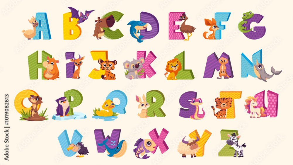 English Alphabet with Cute and Unusual animals for kids education. Funny hand drawn style characters. Vector illustration English Alphabet with Cute and Unusual animals for kids education. Funny hand drawn style characters. Vector illustration