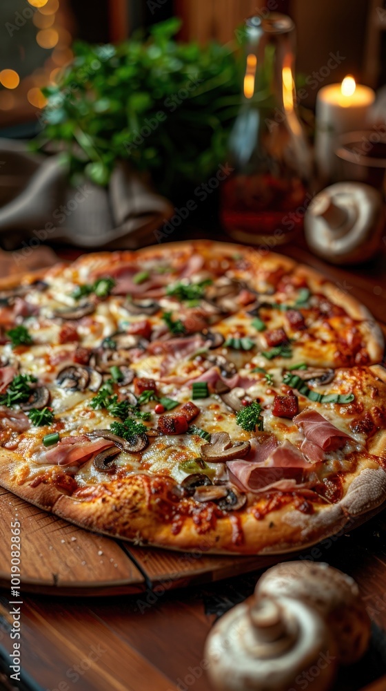 Freshly baked pizza with mozzarella, ham, mushrooms, and herbs on a wooden cutting board at home Freshly baked pizza with mozzarella, ham, mushrooms, and herbs on a wooden cutting board at home