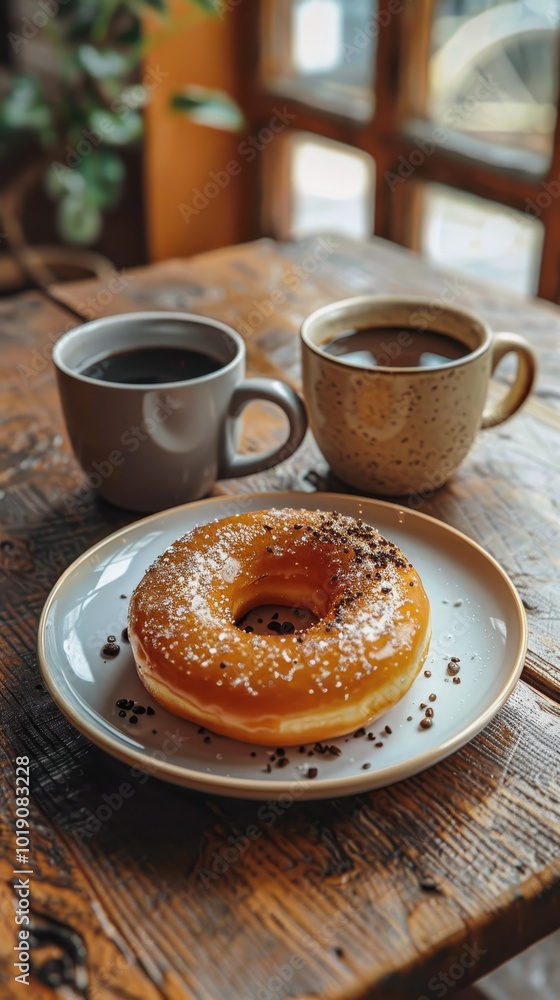 Enjoying a lemon-glazed donut with a cup of black coffee and a milky coffee on a cozy wooden table