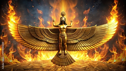 A golden Faravahar symbol shining against a fire temple photo