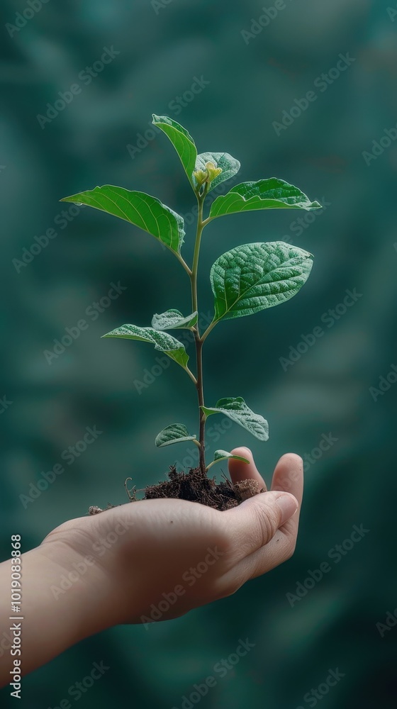 A hand holds a young green plant with soil, showcasing a bond with nature and environmental care A hand holds a young green plant with soil, showcasing a bond with nature and environmental care