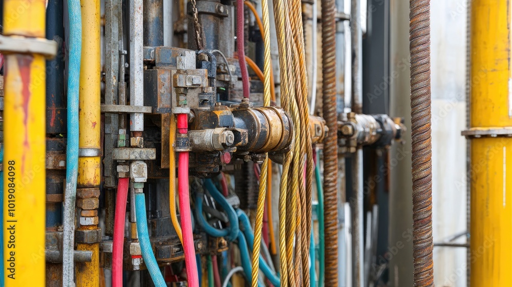 Industrial Hydraulic System with Colorful Cables and Pipes Industrial Hydraulic System with Colorful Cables and Pipes