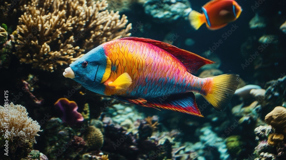 Fototapeta premium Vibrant Coral Reef Fish Swimming in Clear Water