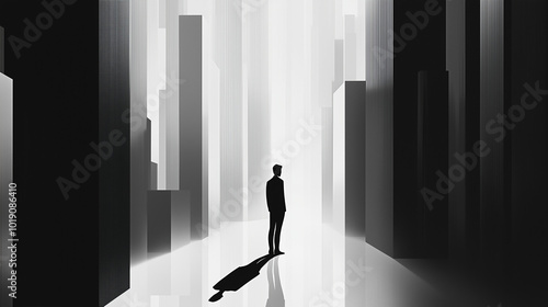 Silhouette of a man standing among tall abstract buildings with strong shadows