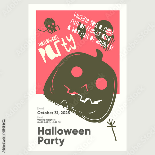 Halloween party poster with bold red ghost design and bats, featuring playful typography, ideal for spooky event invites with a minimalist, quirky touch.