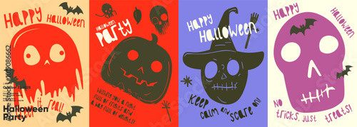 Halloween cards set with quirky designs featuring ghosts, pumpkins, skulls, bats, and festive text in bold colors, perfect for party invites and fun decor.