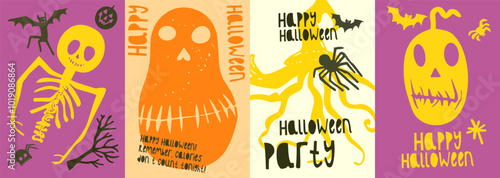 Set of minimalist Halloween cards with quirky designs featuring skeletons, pumpkins, bats, and spiders in bright colors on contrasting backgrounds.